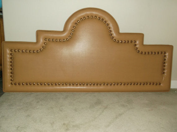 Vintage 1970's King Size Bed Headboard Yellow Ochre Vinyl with decorative nailheads Western