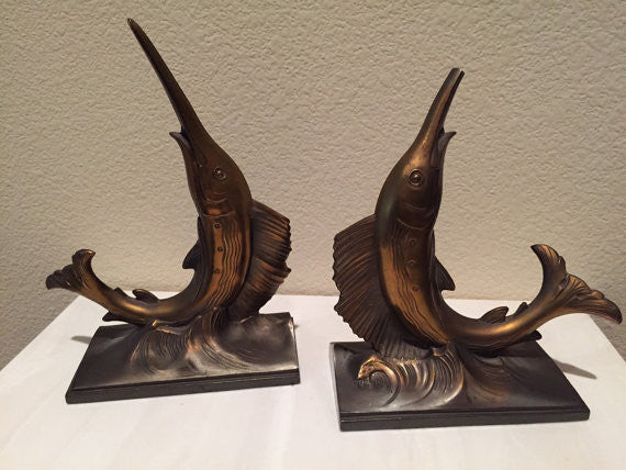 Vintage Swordfish/ Marlin Bookends Heavy Brass or Bronze Art Deco Period bookends/statues