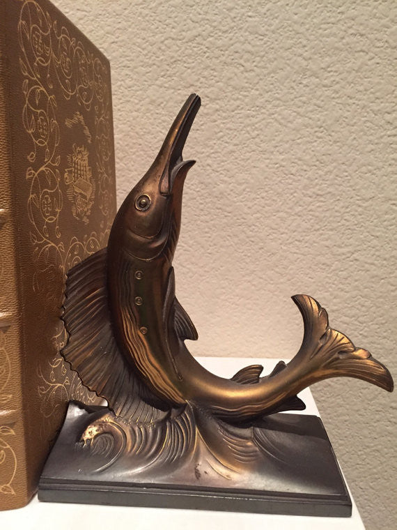 Vintage Swordfish/ Marlin Bookends Heavy Brass or Bronze Art Deco