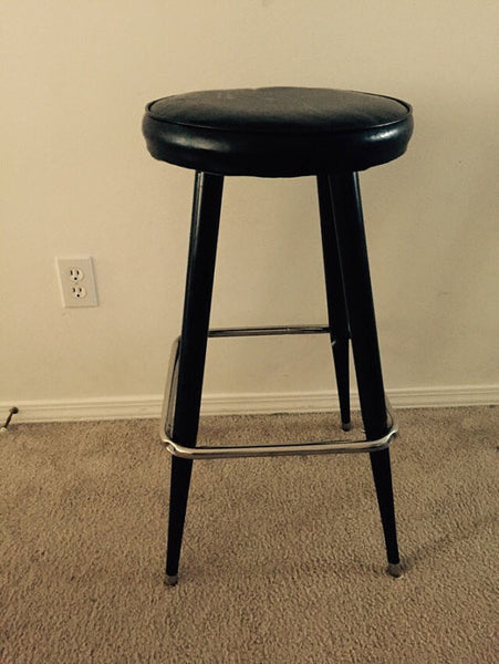 Vintage Mid Century Black Metal Barstool with Vinyl upholstery and Chrome footrest