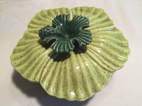 Vintage Mid Century California Pottery Green Hibiscus Flower Ceramic Serving Dish or Candy Dish