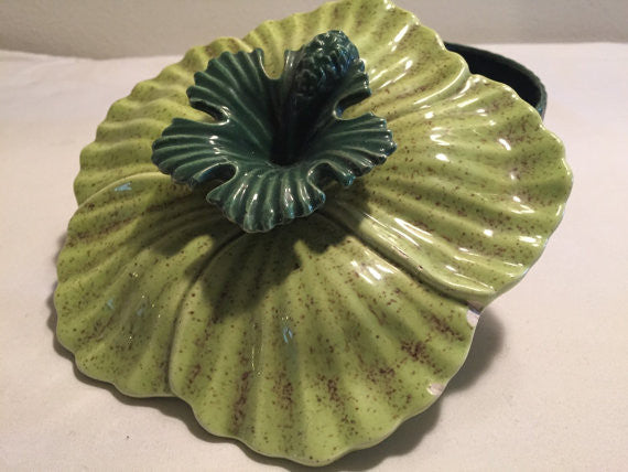 Vintage Mid Century California Pottery Green Hibiscus Flower Ceramic Serving Dish or Candy Dish