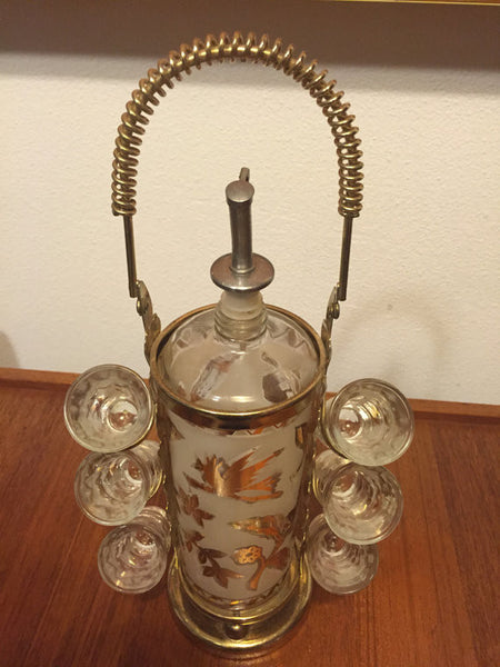 Vintage Modern Bar Decanter Set with 6 shot glasses with Gold Gilt leaves motif