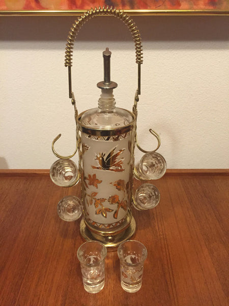 Vintage Modern Bar Decanter Set with 6 shot glasses with Gold Gilt leaves motif