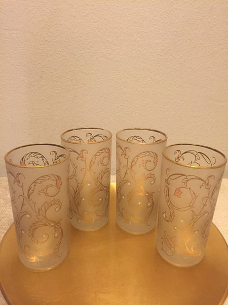 Vintage Libbey Frosted Highball Barware Drinking Glasses with Gold swirl motif and gold rims