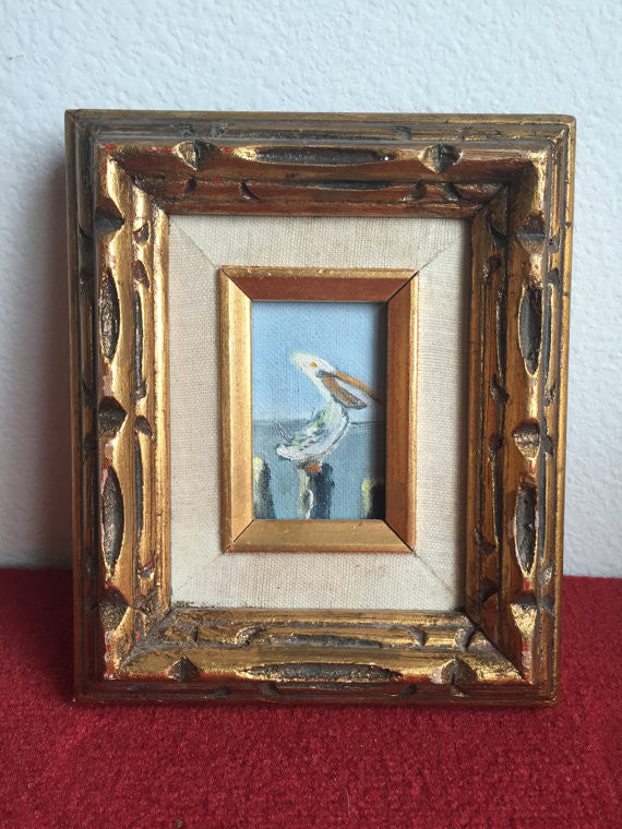 Vintage Tiny Original  Oil Painting- Pelican on a Wood Piling
