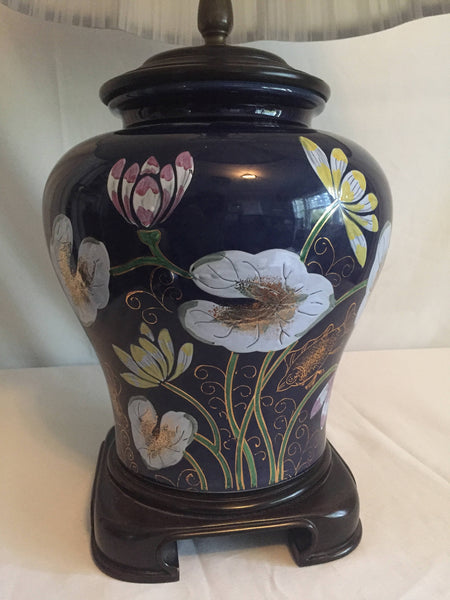 Vintage Hollywood Regency Wildwood Hand Painted Ginger Jar Lamp with waterlilies and Goldfish asian motif