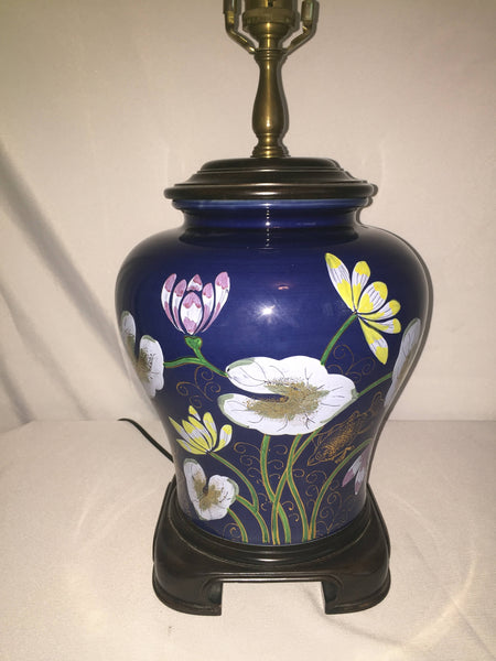 Vintage Hollywood Regency Wildwood Hand Painted Ginger Jar Lamp with waterlilies and Goldfish asian motif
