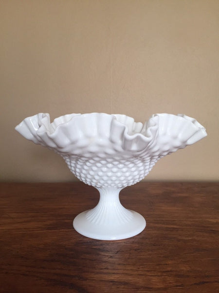 Vintage Fenton Milk Glass Footed Hobnail Ruffled Crimped Trinket Candy Dish compote Bowl Hobnail wedding gift