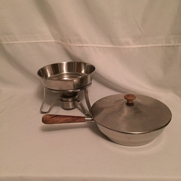 Vintage Mid Century Modern Danish Style Stainless Steel Fondue Pot or Chafing Dish - 5 pc set