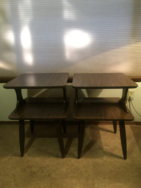 Pair of Vintage Walnut Side tables/ End Tables with laminate tops