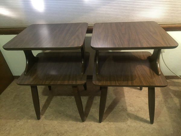 Pair of Vintage Walnut Side tables/ End Tables with laminate tops