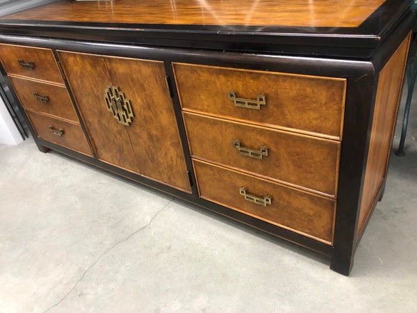 Vintage Century Furniture Chin Hua Burled Maple Long Dresser with 2 Black Lacquer Mirrors- Chinoiserie