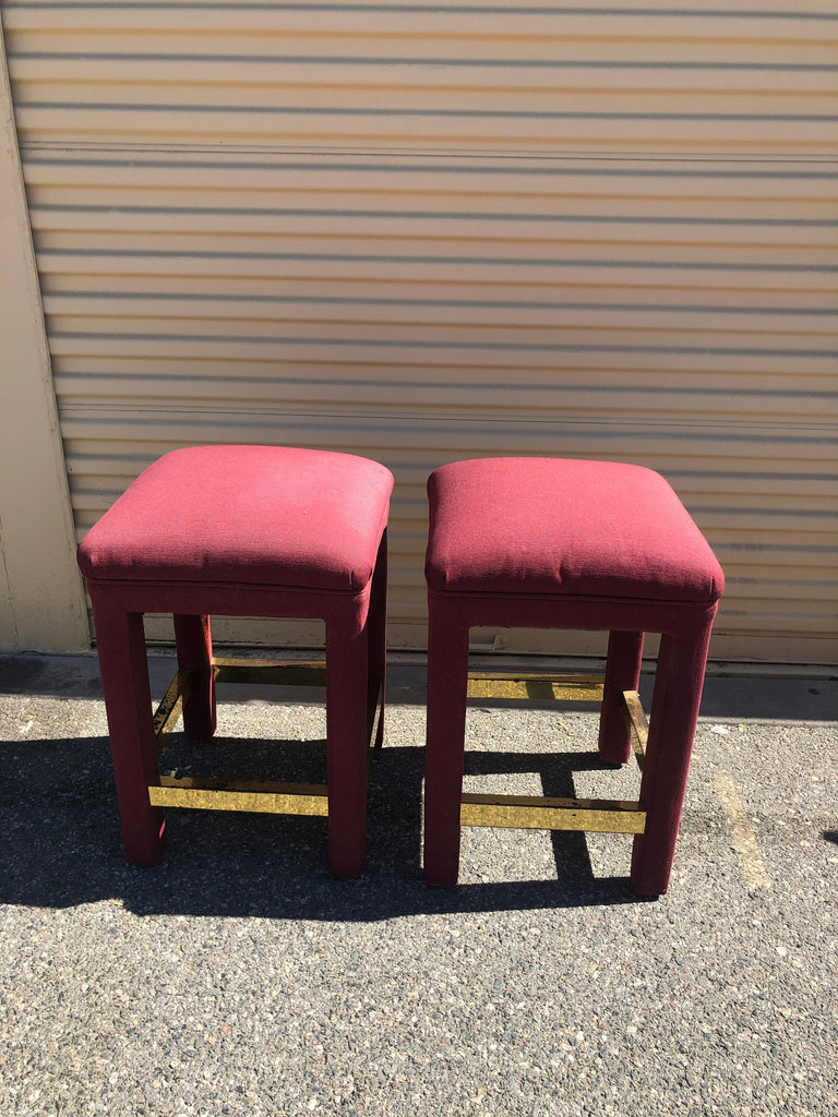 Pair of Mid Century Hollywood Regency upholstered Parson's Barstools in the style of Milo Baughman