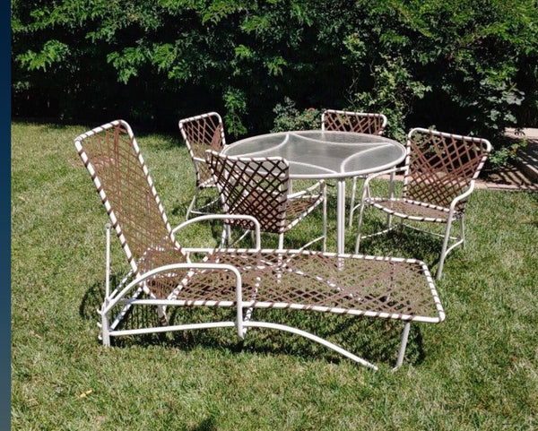 Vintage Brown Jordan Tamiami Patio Dining set and Lounger, white with brown straps