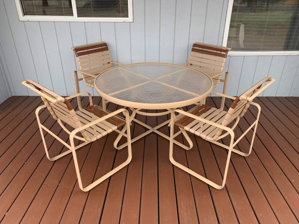 Vintage Tropitone Dining Set, 4 Patio Arm chairs with Aluminum frames and Vinyl Straps with Textured Acrylic Top Table