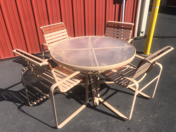 Vintage Tropitone Dining Set, 4 Patio Arm chairs with Aluminum frames and Vinyl Straps with Textured Acrylic Top Table