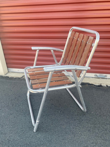 Vintage Aluminum Folding Patio Chair with Redwood slat seat and back